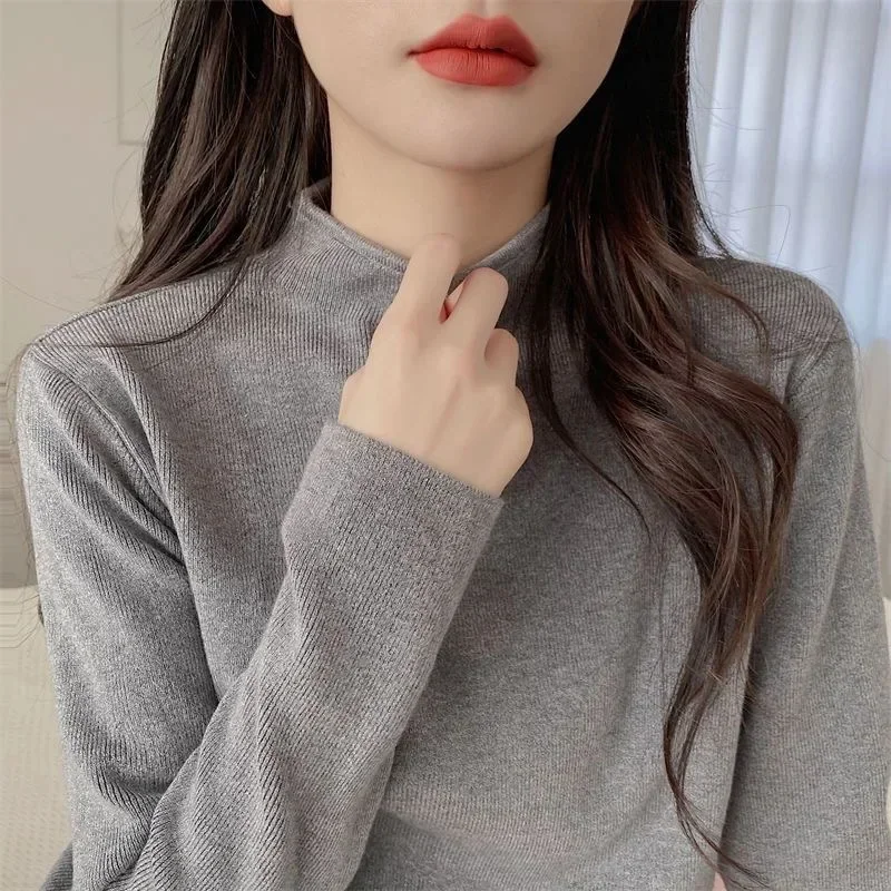 Autumn and Winter Women\'s Half High Collar Solid Color Knitted Sweater Casual Slim Fit Tops Warm Pullovers Black Sweater Jumpers