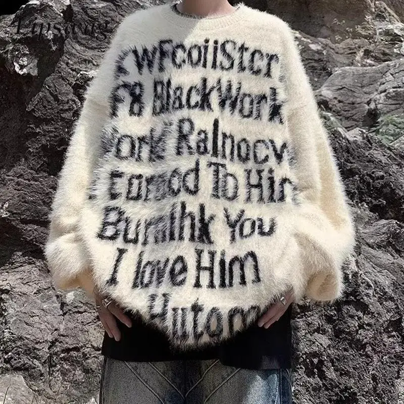 

Y2K Mens Sweaters Cozy Furry Fleece Sweatshirts Fall Winter Outdoor Casual Men Long Sleeve O Neck Knit Jumper Tops Streetwear