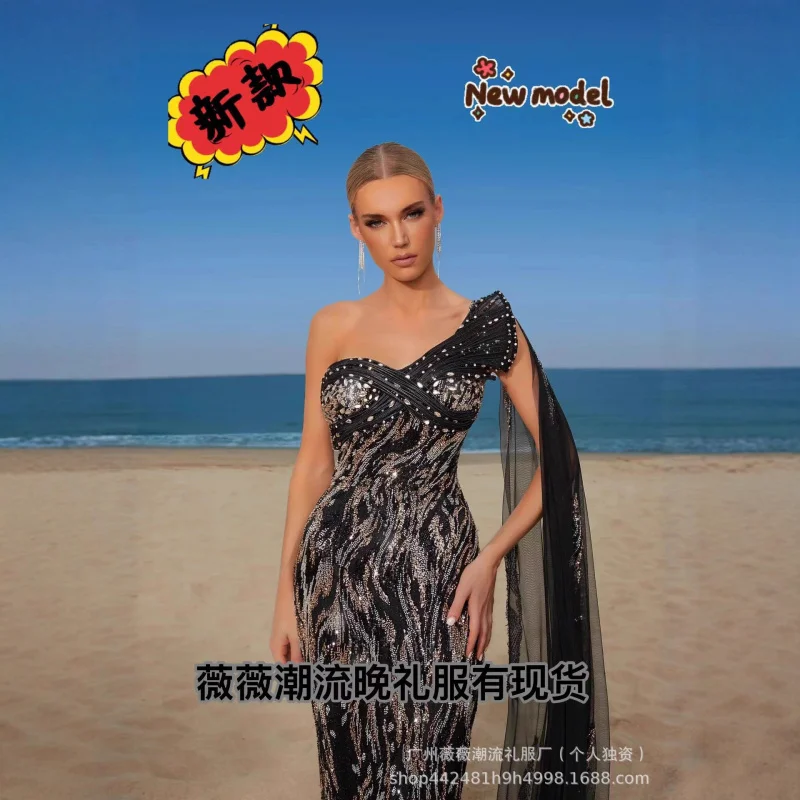 

New Arrival Women's One-Shoulder New Ribbon Heavy Embellished Sequin Fashion Evening Dress Sexy Dress