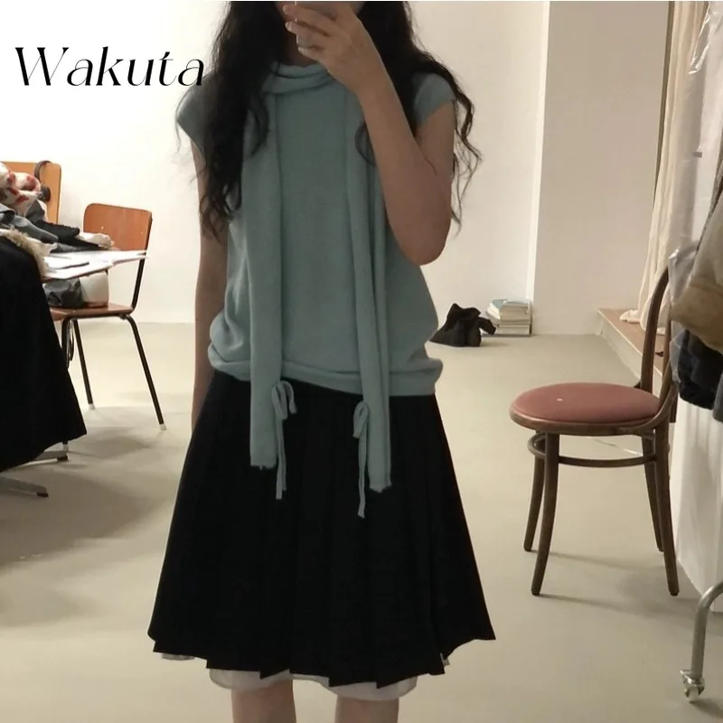 

WAKUTA Spring and Summer Korean Women's Main Solid Color Knit Short Sleeve Scarf Casual Double Pleated Skirt Vintage 2 Piece Set
