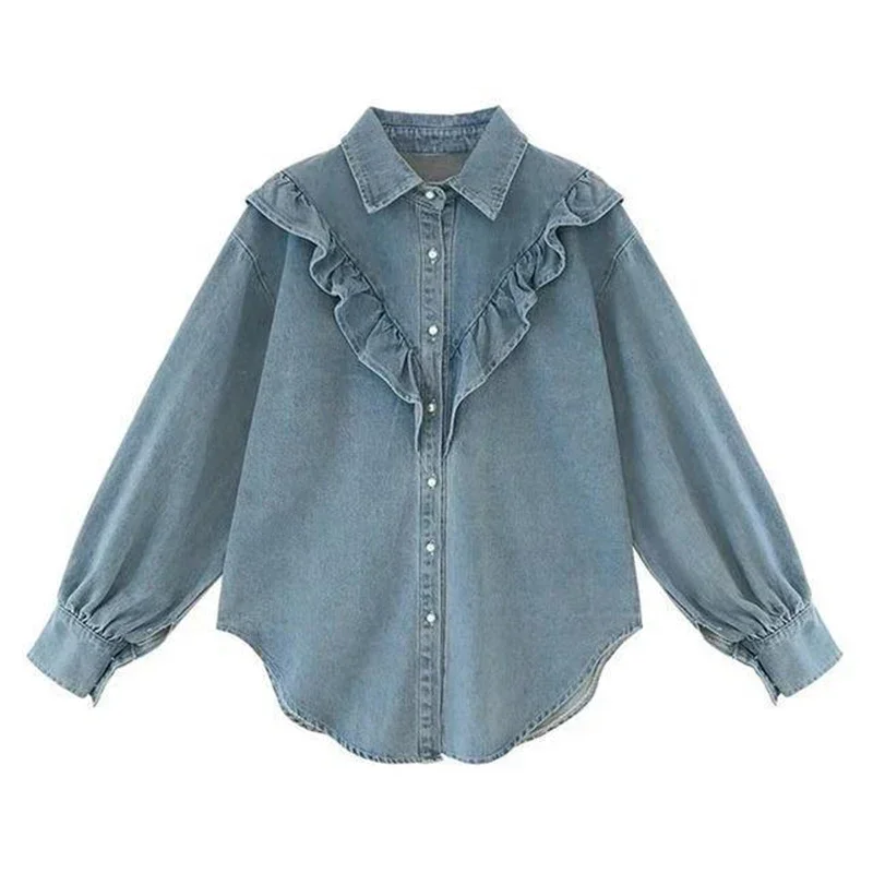 Korean Fashion Denim Blouse Women Elegant Lapel Design Oversize Jean Shirts Spring Tops Single-Breasted Cowboy Blusas N163