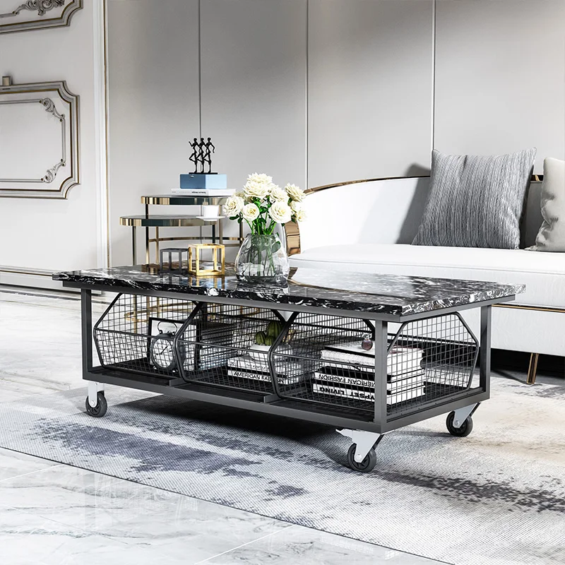 Household removable coffee table, living room with wheels multi-function, marble tea table