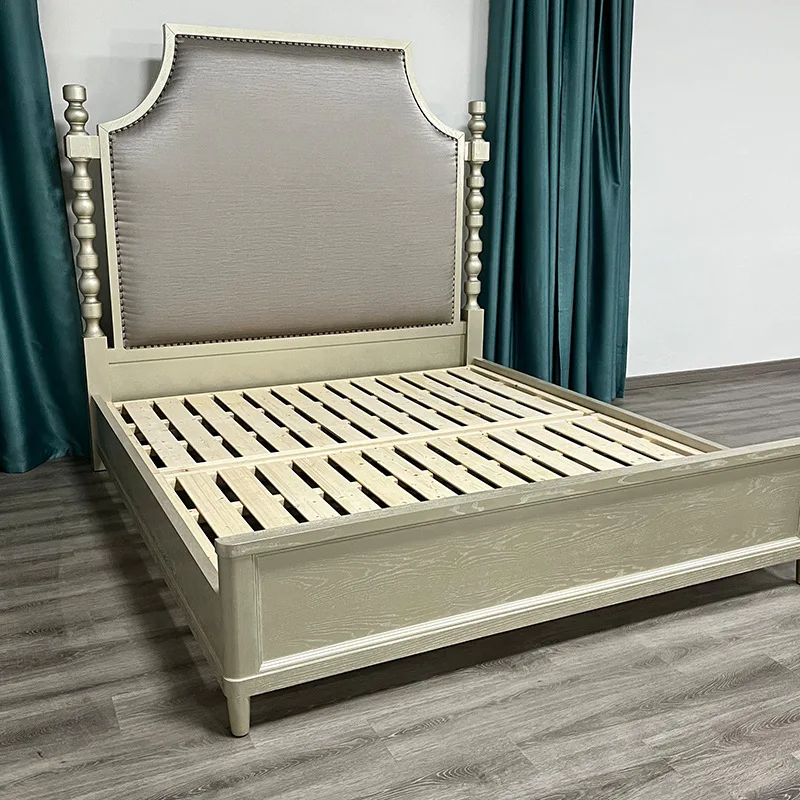 

American solid wood bed master bedroom retro home double bed 1.5 meters 1.8 modern simple bed French pastoral bedside table