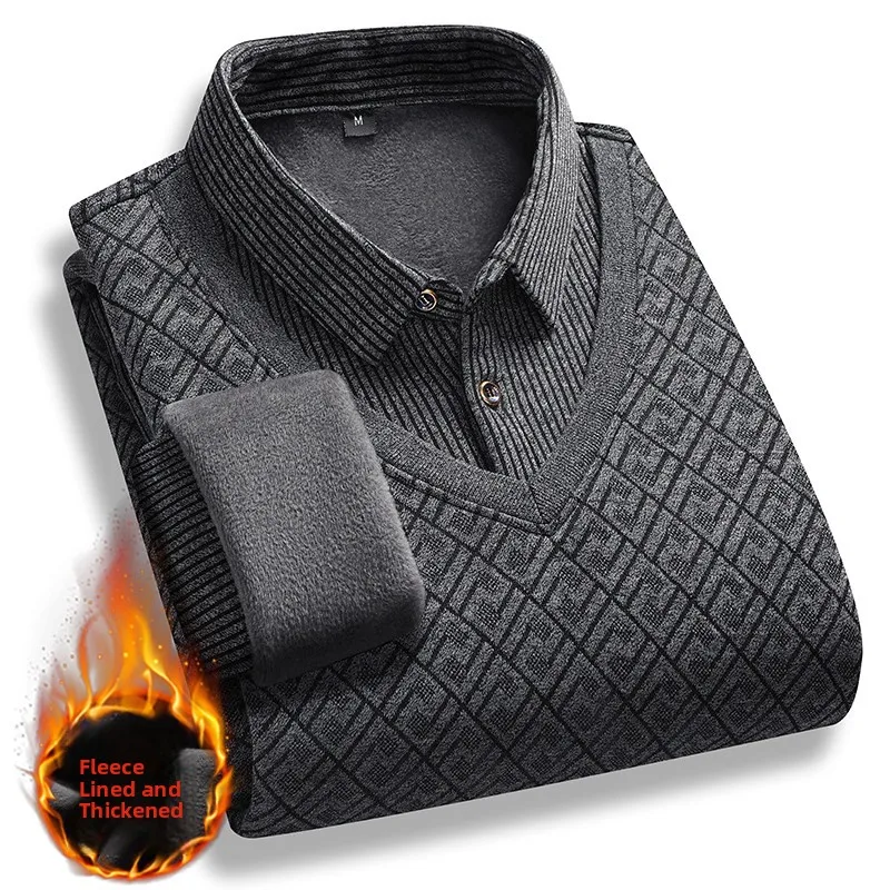 

Men's Small Size Faux Two-Piece Knitted Sweater Thiened Fce Warm Heavyweight ort Sve irt Collar Autumn Winter