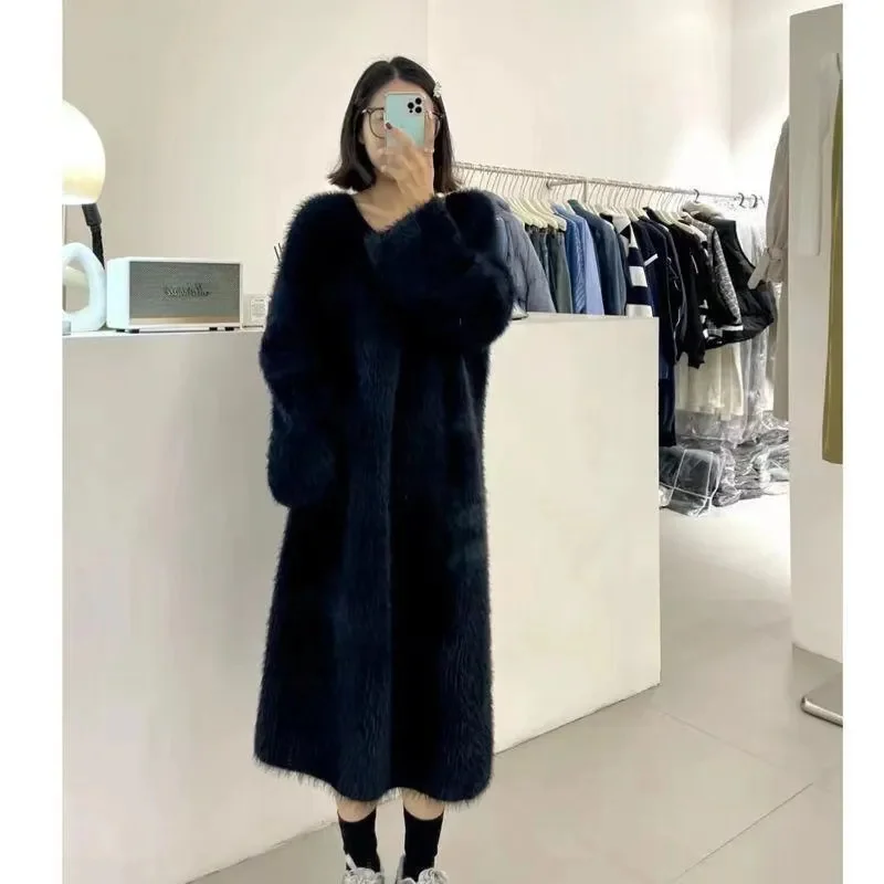 2024 Autumn Winter Female New Popular Imitation Mink Fur Loose Knee Length Long Skirt Solid Color Women Casual Sleepwear Dress