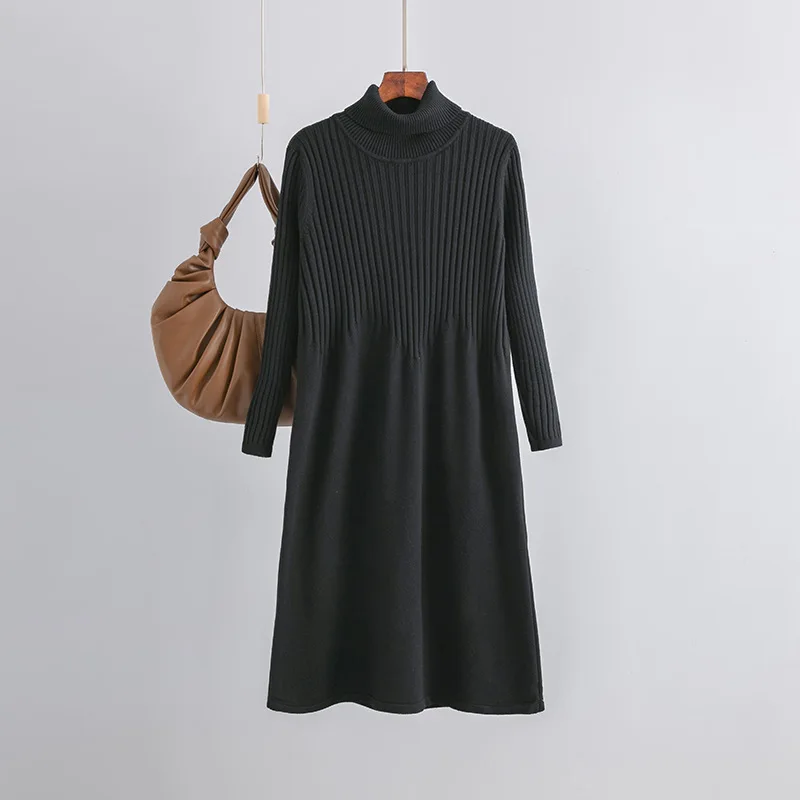 HLBCBG 2023 New Spring Autumn Turtleneck Solid Loose Dresses Women Knitted Dresses Solid Female Long Sleeve Sweater Dress