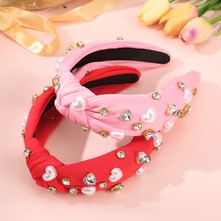 AWAYTR New Love Heart Bowknot Hairband for Women Cute Pearl Red Wide Diamond Headband Hair Hoop Hair Accessories Valentine's Day