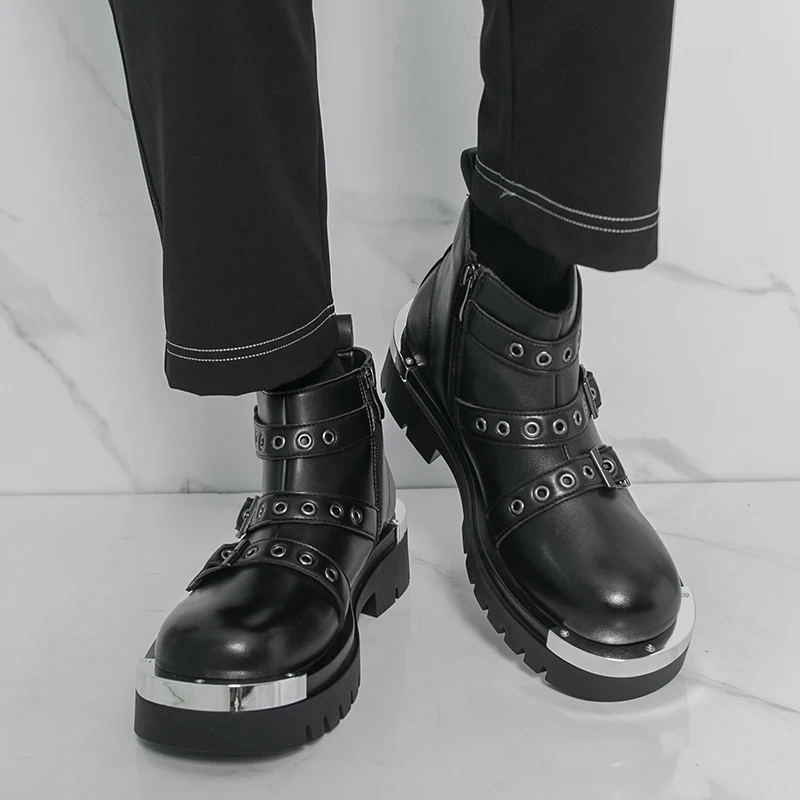 

Men High Top Boots PU Thick Sole Trendy Belt Buckle Decoration Casual Motorcycle Boots