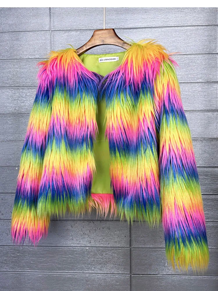 ZADORIN 2024 Autumn Winter Rainbow Fluffy Faux Fur Coat Women Macaron Long Sleeve Faux Fur Fuzzy Jacket Fur Coats for Women Tops