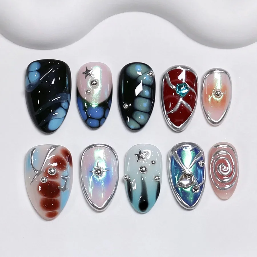 Iridescent Press On Nails Almond Shape Metal Rivet Gemstone Galaxy Marble False Nails Punk Fake Nails Reusable Easy Apply JT39