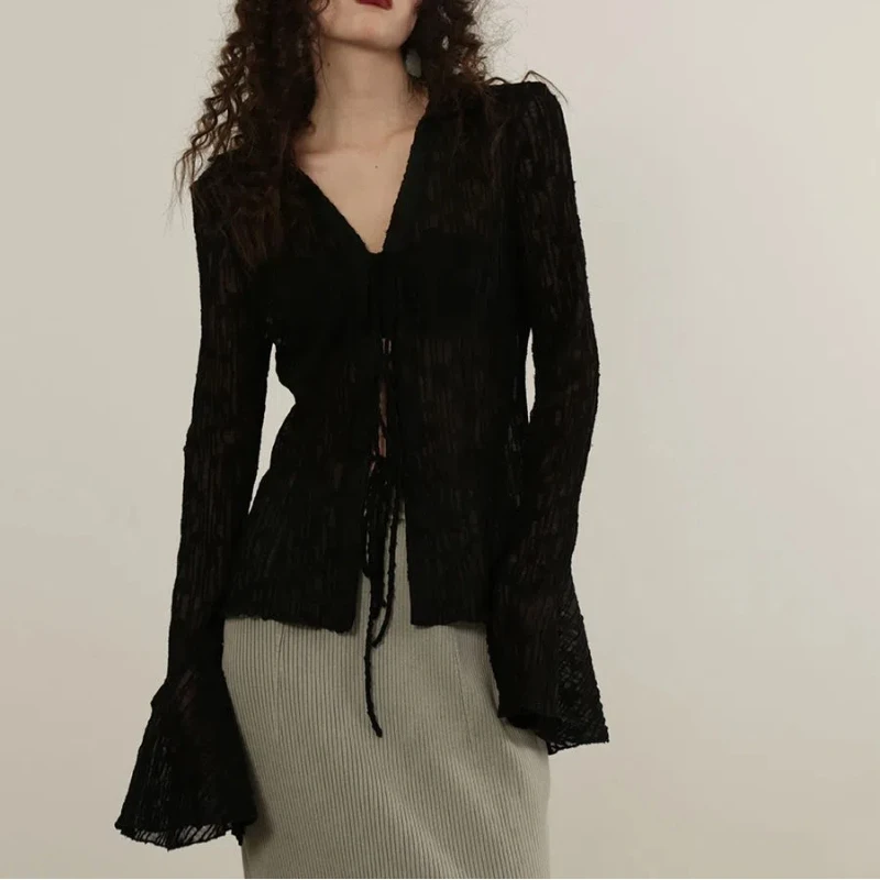 Temperament Pure Desire Wind Sexy Hot Girl High End Lace Shirt Women's Chiffon Cardigan Top Cover Meat in Spring and Summer Thin