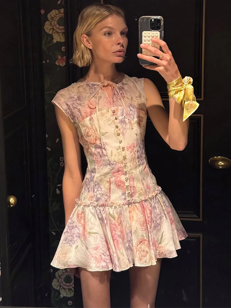 

Fashion Print Draped Short Dress For Women O-neck Sleeveless Lace Up Ball Gown Vestidos 2025 Summer Elegant Female Party Dresses