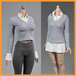 1/6 Scale Office Lady Lapel Collar Fake Two-piece Slim Tops Knitted Sweater Patchwork Pleated Dress for 12in Action Figure Body
