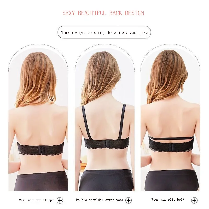 Strapless Bra Drawstring Gather Lace Bras Invisible Bra Push Up Large Cup Non-Slip Beautiful Back Sexy Women Underwear Bralette