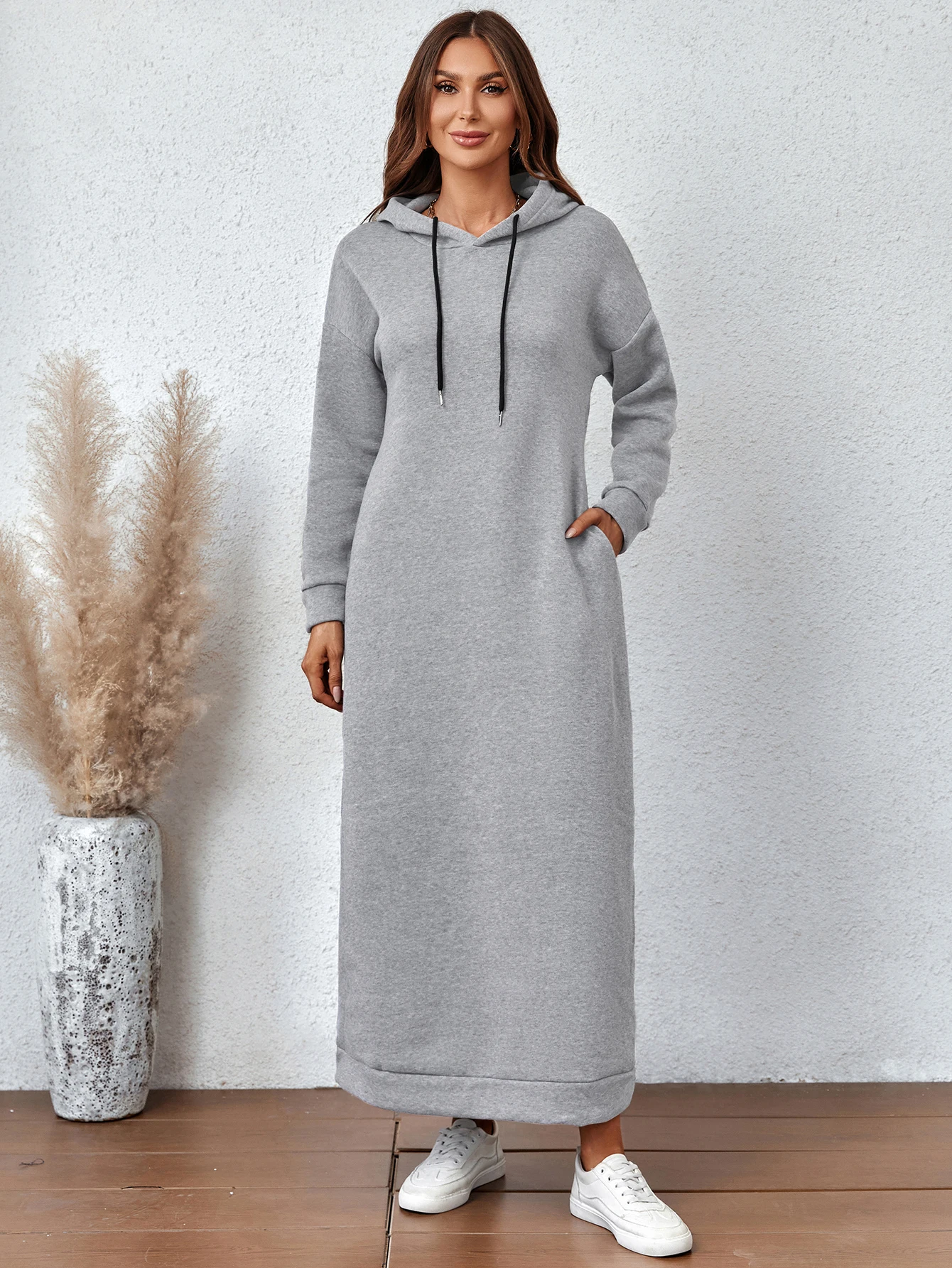 Women Drawstring Hoodie Dress Autumn Winter Loose Sweatshirt With Dropped Shoulders And Side Pockets