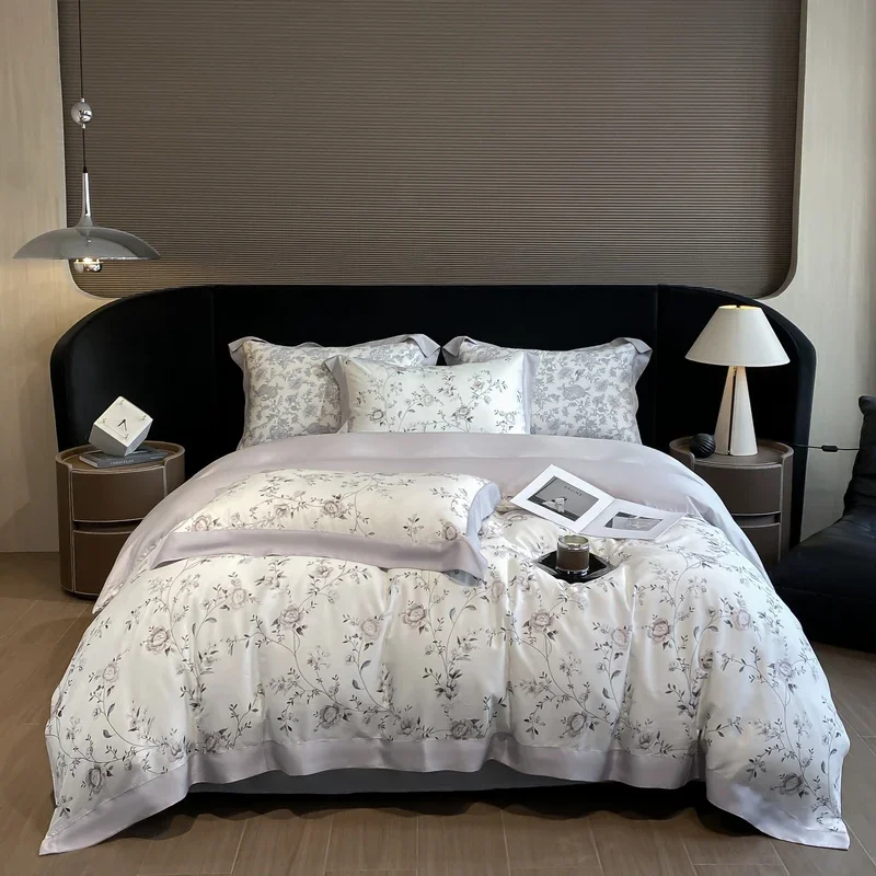 Luxury Digital Printing Flowers and Plants Bedding Set Lyocell Eucalyptus Fiber Soft Silky Duvet Cover Bed Sheet Pillowcase 4Pcs