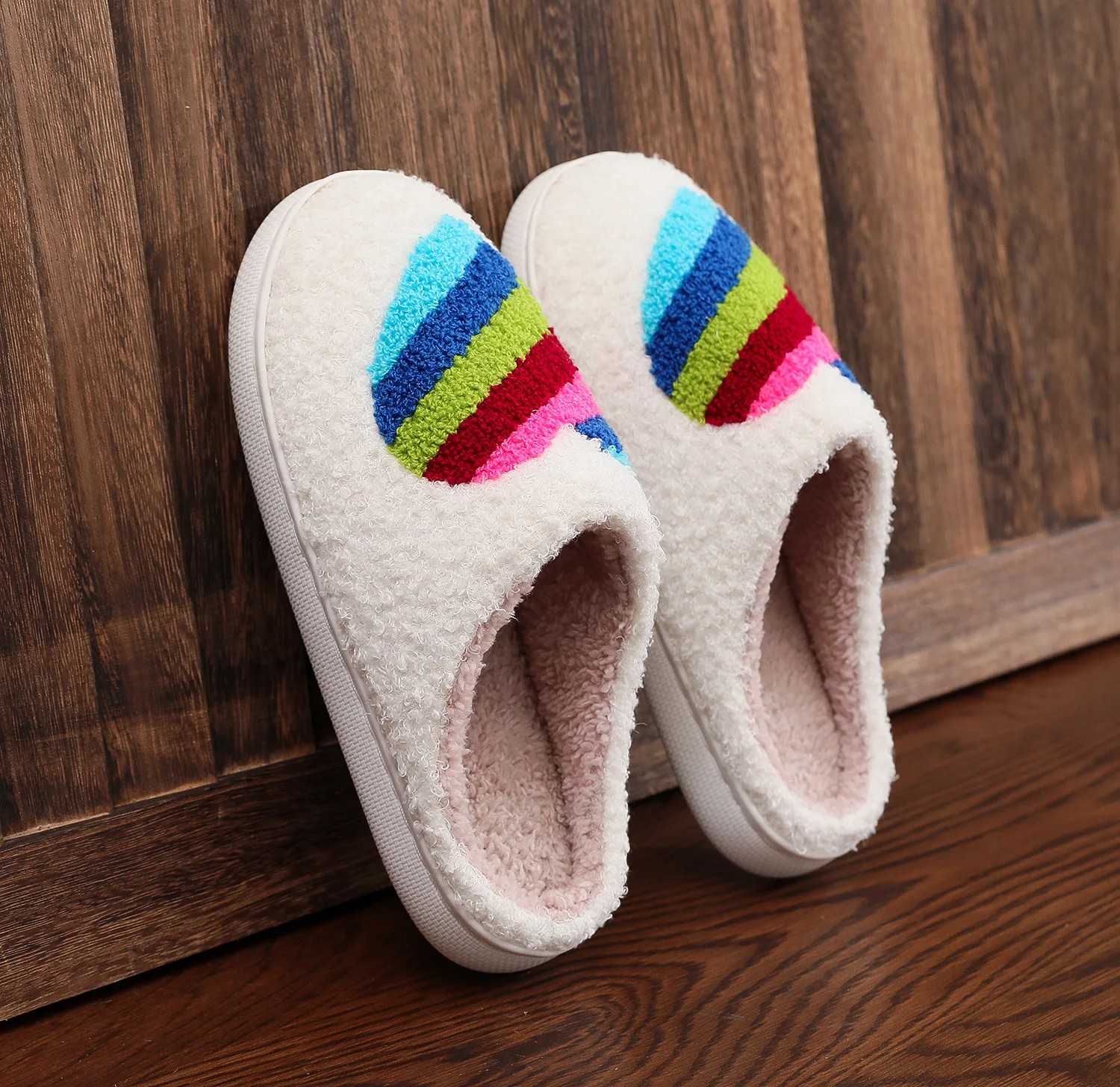 Cute Rainbow Love Slippers Funny Heart Colorful Flat Plush Warm Slippers Indoor House Shoes for Women Men Soft Halloween Gifts