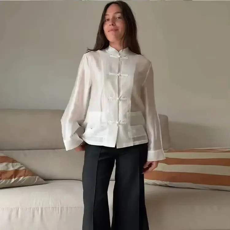 Women's Chinese Style Shirts Spring Summer Female Fashion Knot Buckle Decoration Casual Shirt Lady Long Sleeve Blouses Chic Tops