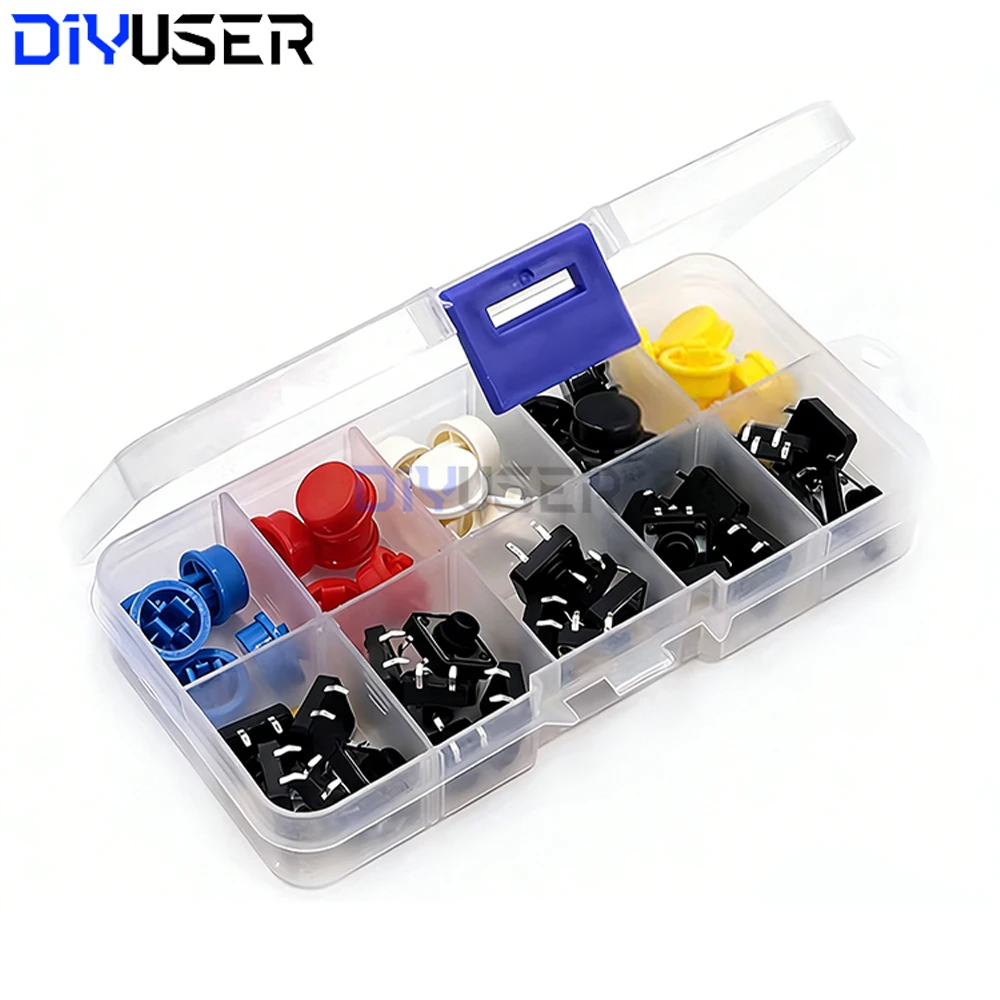 25-teiliges Taktiler Drucktastenschalter-Set, 12x12mm Momentaner Mikroschalter mit Farblich Sortierten Kappen für Raspberry Pi DIY