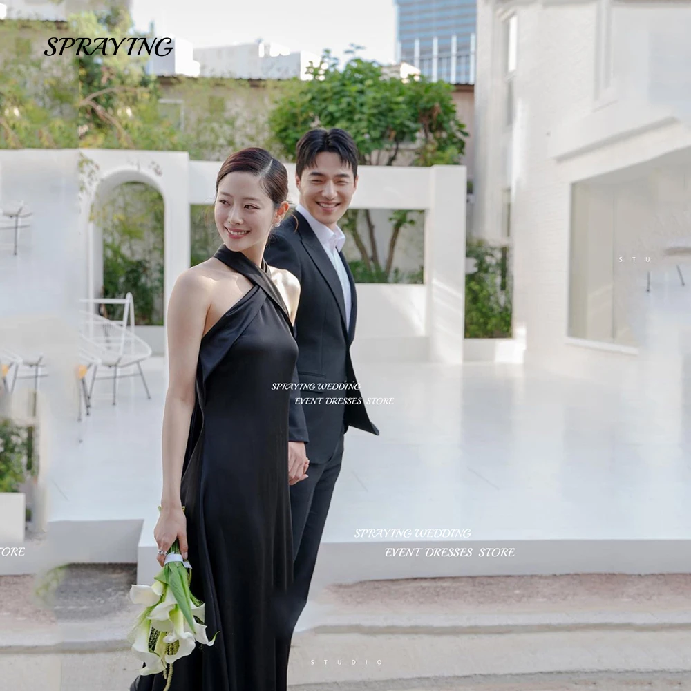 

SPRAYING Simple Halter Black Wedding Dress A Line Sleeveless Bridal Gown Soft Satin Engagement dresses Custom Made