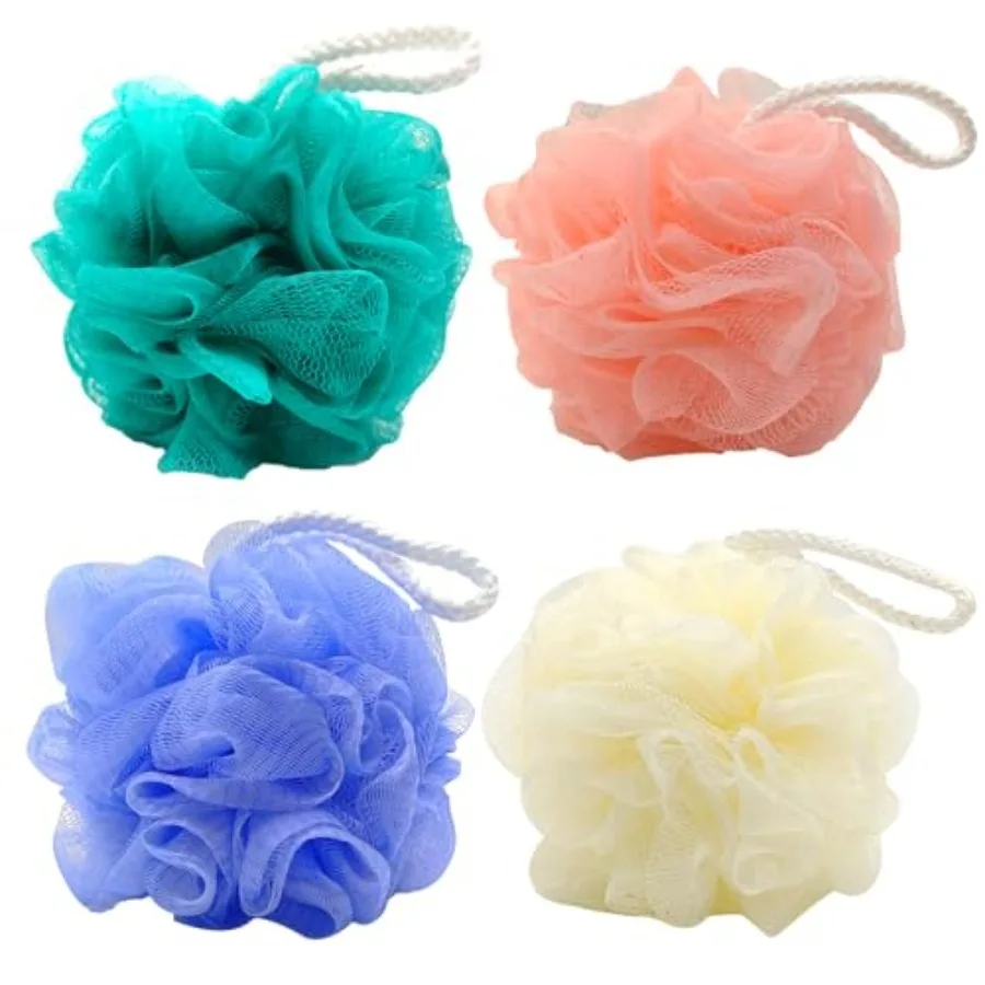 Set of 4 Loofah Sponge Shower Loofah, Exfoliating Shower Ball, Scrub Ball Body Sponge, Soft Mesh, Deep Cleansing Bath Tools, Ri