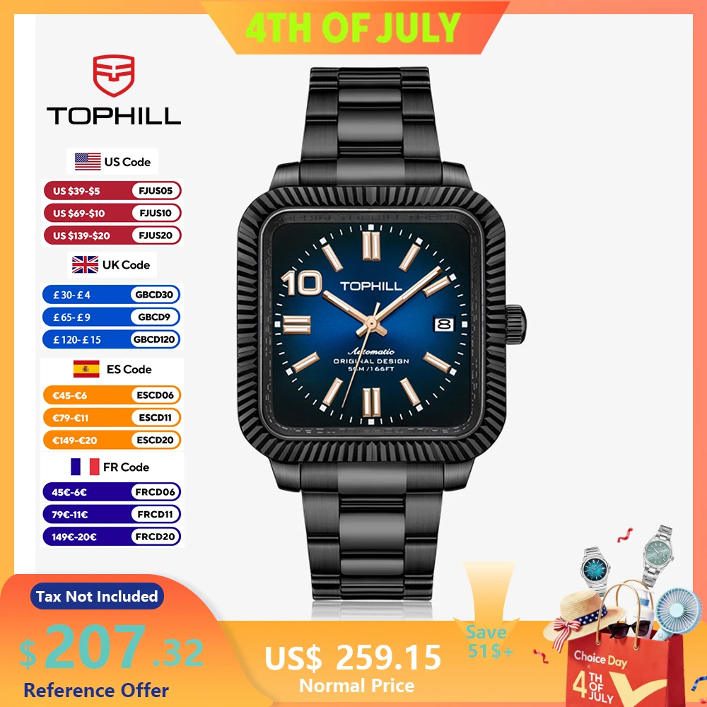 

TOPHILL 37.5MM Watch For Men Square Ultra-thin Miyota 9019 Automatic Movement Mechanical Calendar Sapphire Glass 100M Waterproof