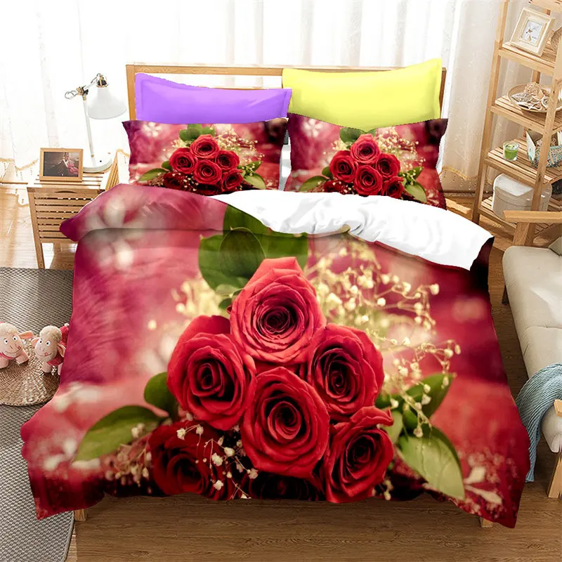 

Red Rose Bedding Set Romantic Floral Duvet Cover King For Women Girls Valentine's Day Gift Microfiber Flowers Print Quilt Cover