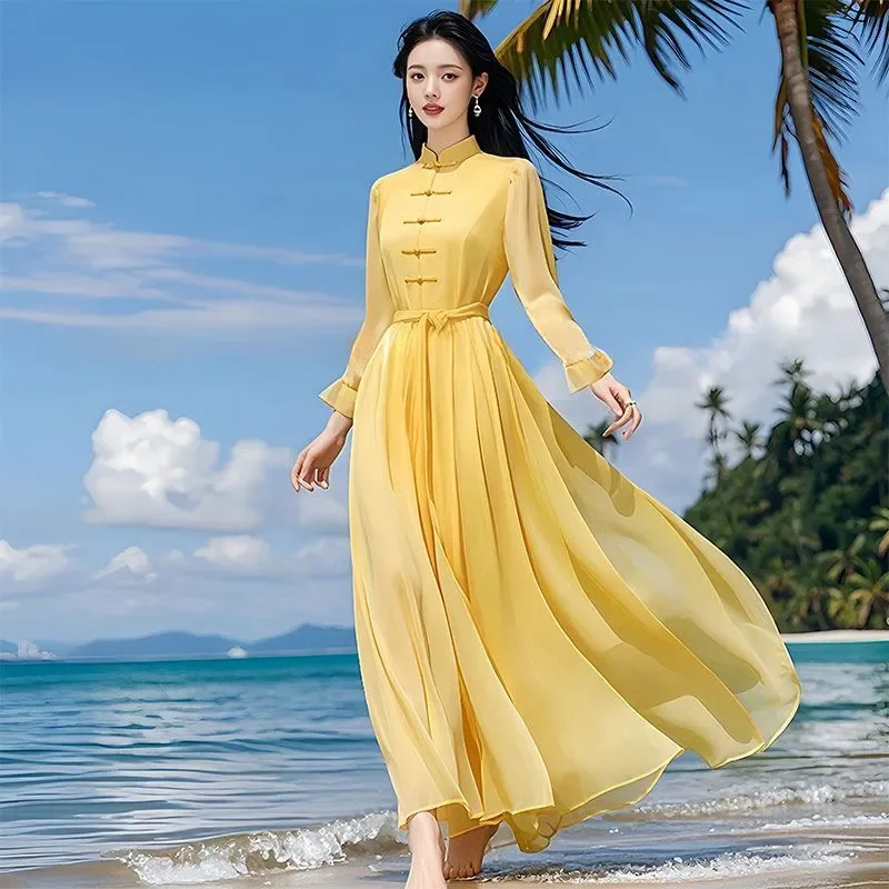 Высококачественное шифоновое новое платье в китайском стиле, женское летнее элегантное длинное платье с длинными рукавами на талии, пляжные платья для отдыха на море