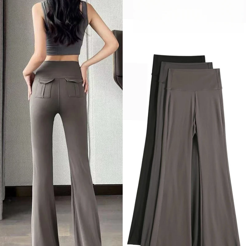 Women's High Waist Flare Pants Slim Fit Stretch Trousers Cargo Pocket Bell Bottom Y2K Streetwear Casual Long Workwear 2026