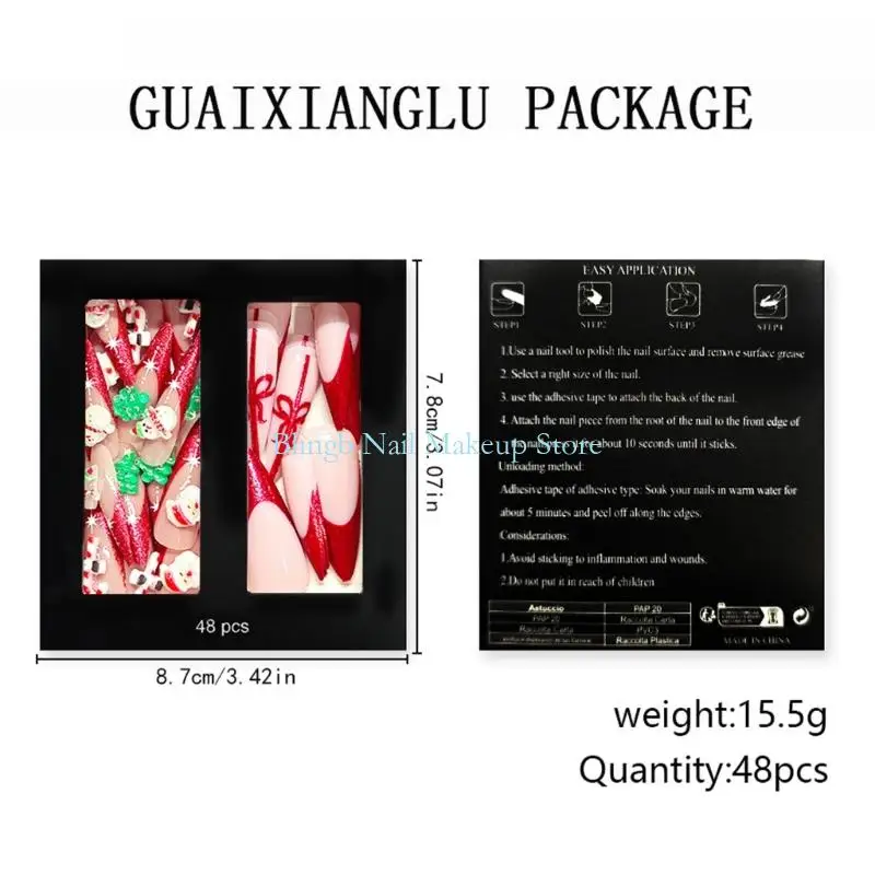 28TA 우아한 프랑스 팁 반짝이는 손톱에 프레스 48pcs 세트 긴 관 모양 눈사람 크리스마스 테마 인공 손톱 선물