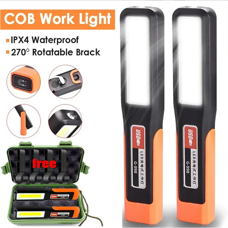 Rechargeable LED Work Light with Magnet Maintenance Lighting Flashlight Red Warning Torch COB  Light with Hook Outdoor Camping