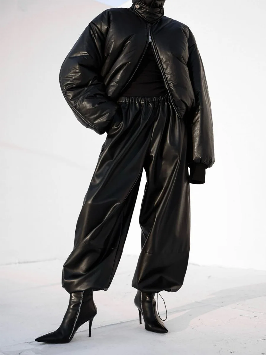 Bornladies المرأة الجديدة الخريف الشتاء بولي بنطال بنطال جلدي الرباط الكاحل مكبل فانوس فضفاض RetroTrousers