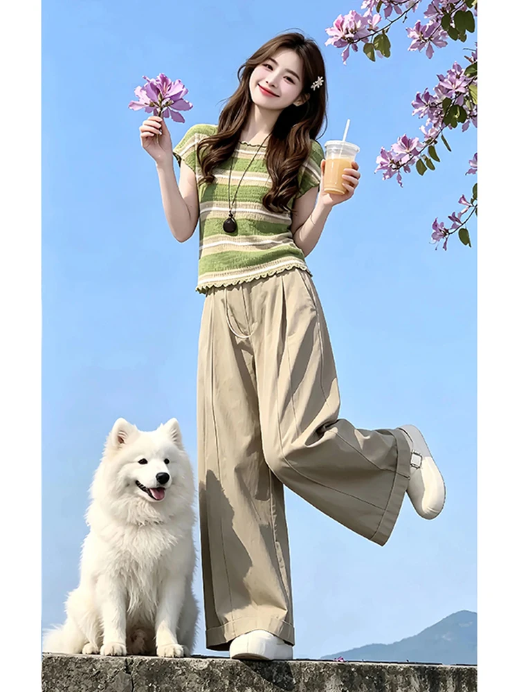 Unique Beautiful Early Summer Ladies Lazy Style Striped Knitted Top Casual Wide Leg Pants Two Piece Set Comfortable Breathable view 3