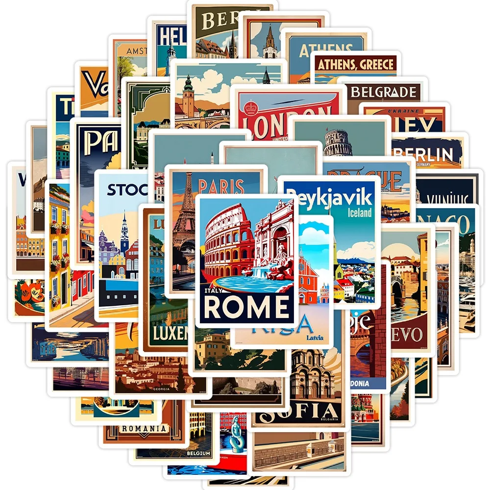 

10/50Pcs Retro European City Travel Landmark Stickers Graffiti Vintage Style for Kids Scrapbook Luggage Laptop Phone Car Sticker