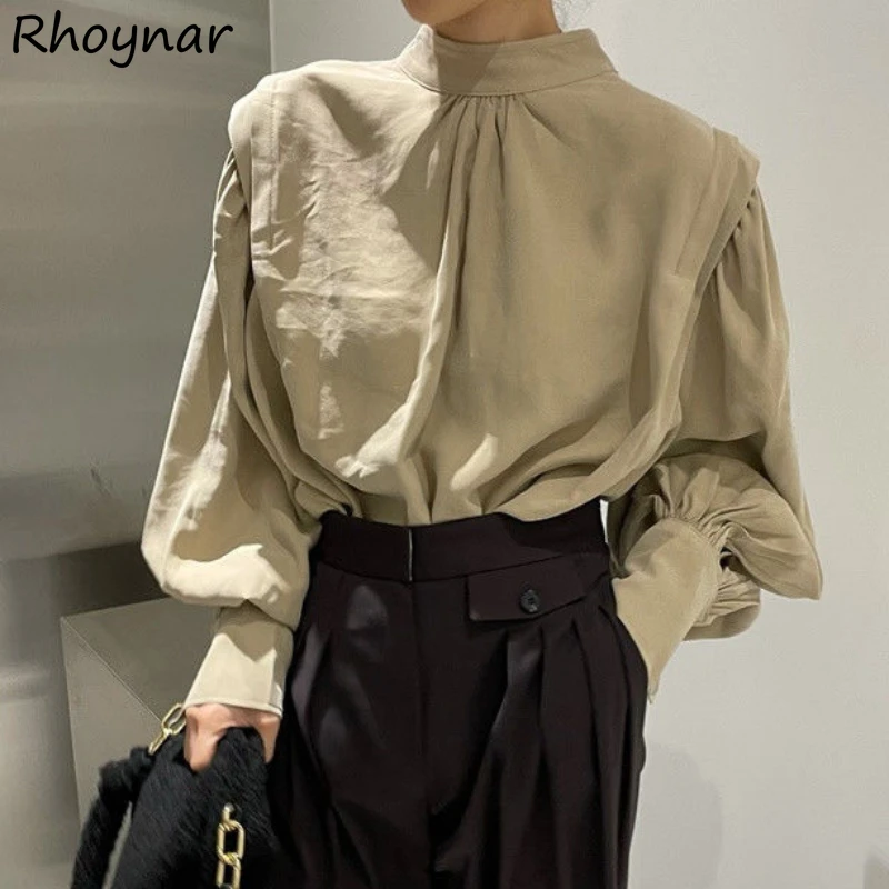 Long Lantern Sleeve Shirts Women Back Buttons-up Chic Half High Collar Solid Color Female Baggy Tops Fashionable French Leisure