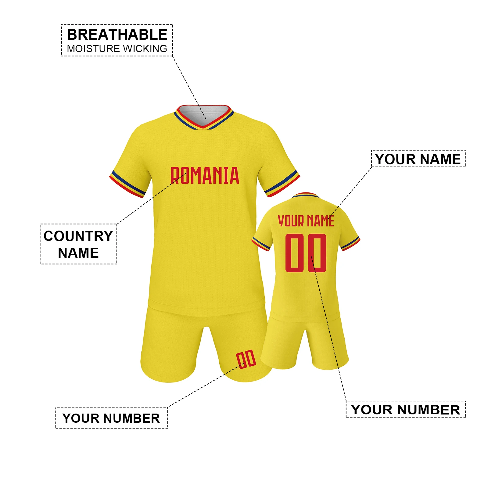 

Romania Kids Soccer Jersey Kit Customize Football Uniform Personalized Name and Number Sublimation Youth Training Tracksuit