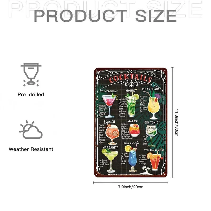 Retro Chalkboard Cocktail Menu Metal Wall Art, 2D Flat Single Piece Bar Sign, Ideal for Home, Kitchen, Dining Area or Bar Decor