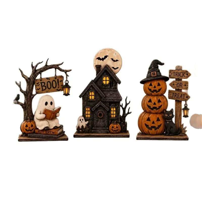 6/3 Stück Retro-Halloween-Holz-Dekoration für den Innenbereich, Retro-Holzblöcke, geeignet zur Dekoration von Regalen, Geister, Kürbisse. – Detail 7