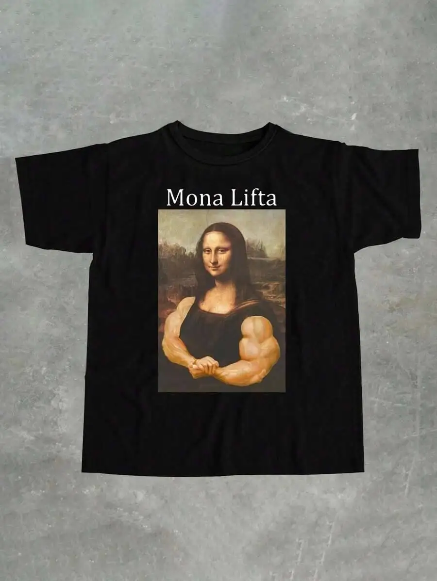 Manfinity Dauomo Monalift Funny Mona Lisa Fitness Design Men's Standard T-Shirt  100% Cotton Trendy Y2K Short-Sleeve Tee-Soft, Quick-Drying, Moisture-Wicking, Great Gift for Christmas or Halloween.