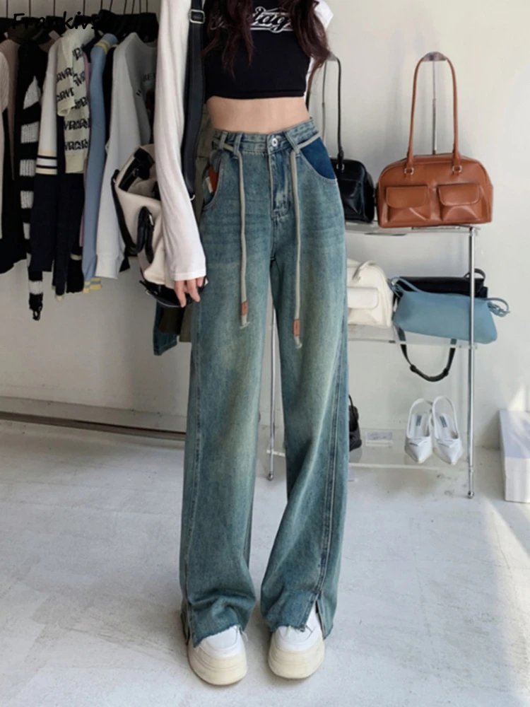 

Wide Leg Jeans Women Autumn European Style Retro Drawstring Vintage Wash Simple All-match Elegant Daily Streetwear Frayed Loose