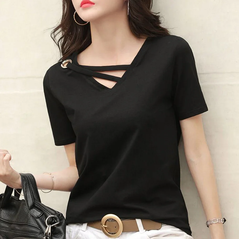 

Womens T-Shirt V-Neck Loose Casual Sport New Style Twill Rope Small Design Daily Female Short Sleeve Tops Tees Solid T-Shirts