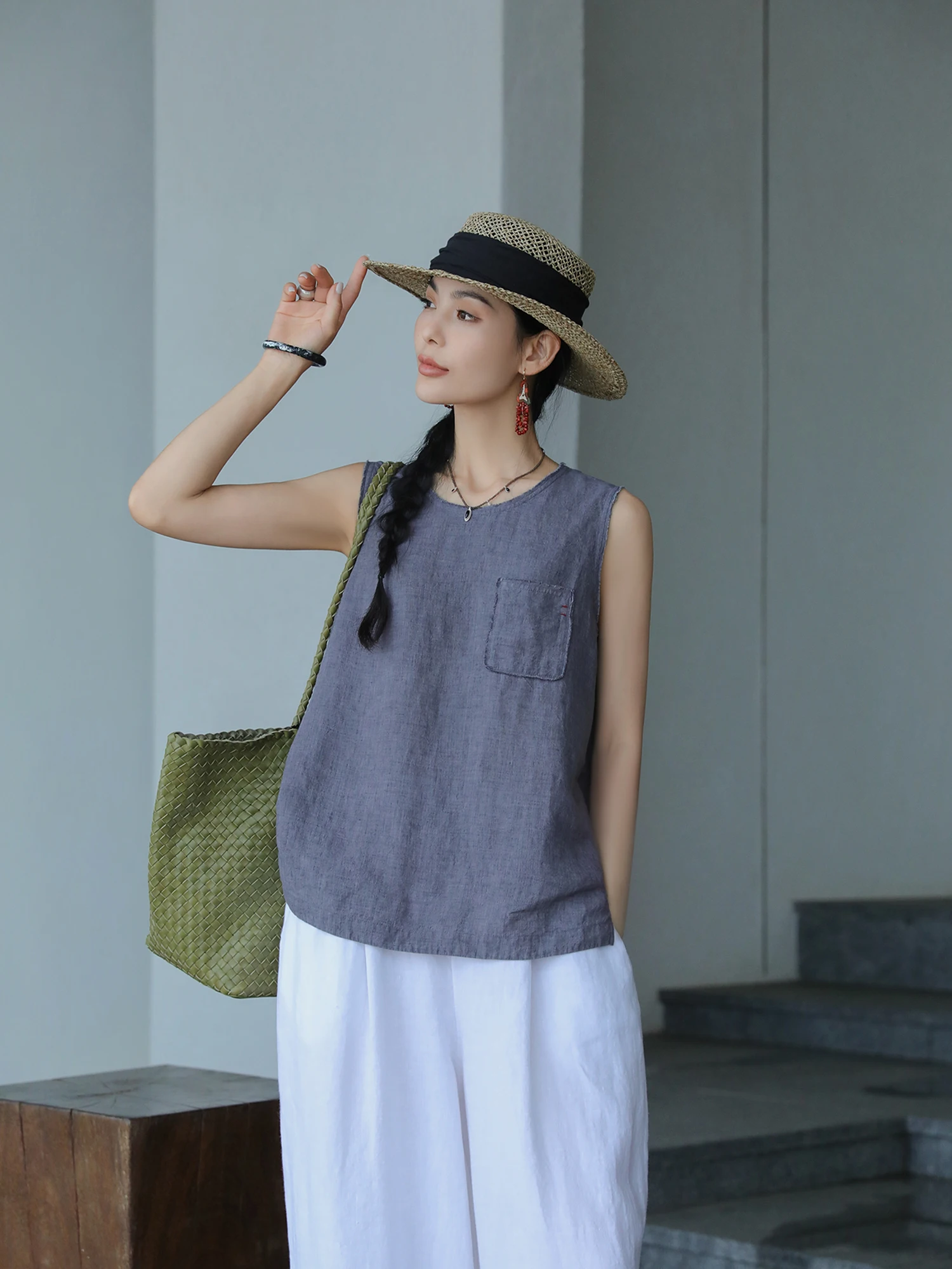 

Охлаждающий льняной жилет из тонкой ткани с круглым вырезом, свободного кроя, стандартной длины, новинка лета от Ma Lin