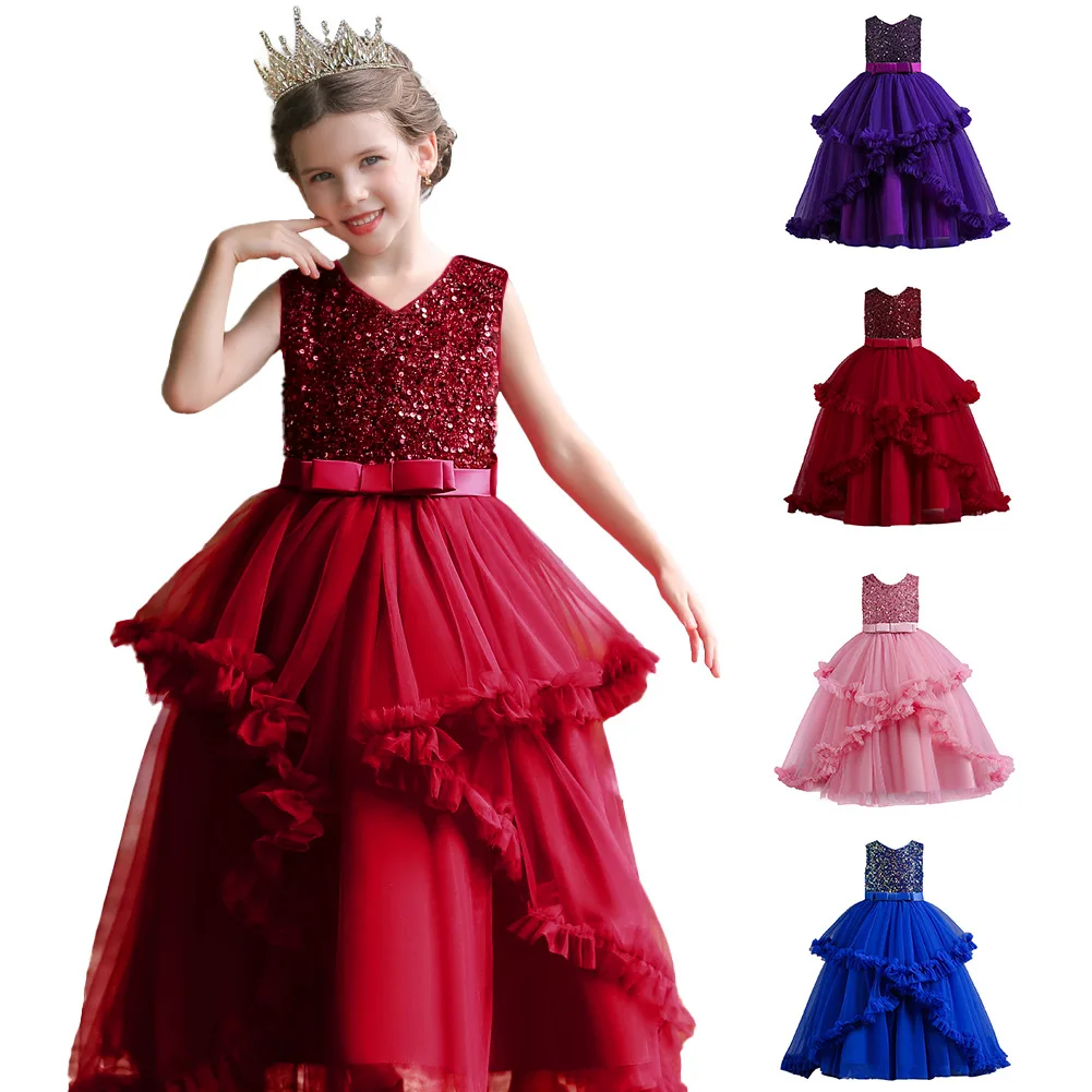 4-16Y Girls Sleeveless Sequin Princess Dress Flower Girl Wedding Birthday Tutu Dress Kids Host Catwalk Evening Formal Party Gown