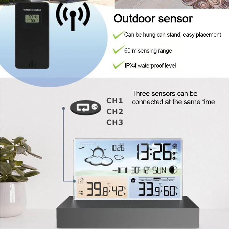 Imagem -04 - Estação Meteorológica Digital Multifuncional Previsão do Tempo Despertador Interior Exterior Sensor de Temperatura Medidor de Umidade Calendário