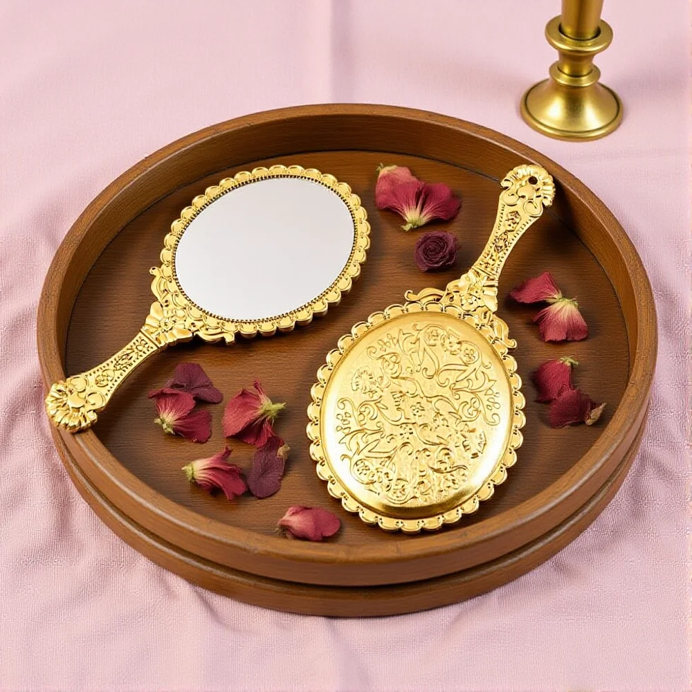 Espejo Vintage de estilo europeo, espejo de maquillaje redondo ovalado de mano, espejos elegantes para mujeres y niñas, accesorios de belleza