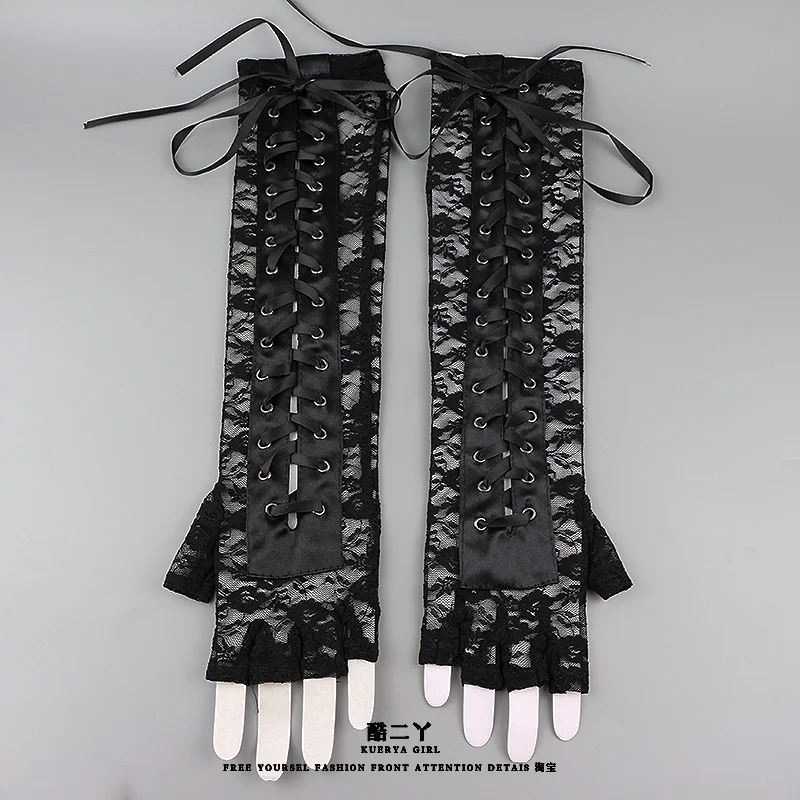 Japanese Black Sexy Lace Straps Long Gloves Punk Babes Hand Sleeves Women ‘s Cosplay Goth Lolita Finger Sleeves Cool Female