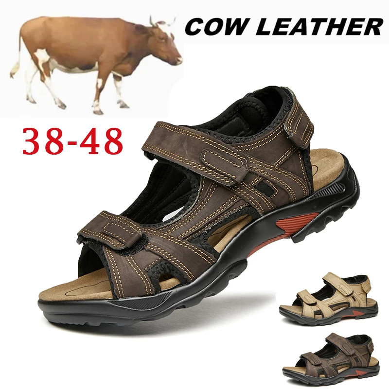 COW LEATHER Men\'s Sandals Outdoor Beach Sports Shoes Genuine Leather Roman Sandals Lightweight Open Toe Sandals Plus Size 38-48