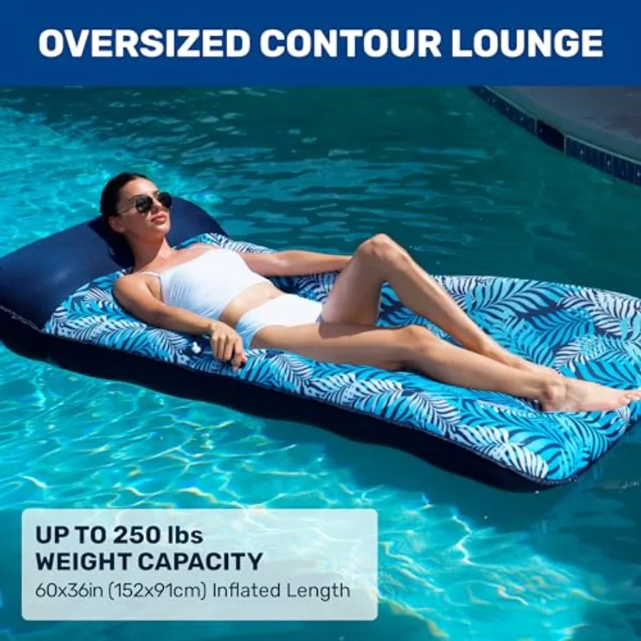 Aqua Oversized Contour Pool Float Lounge For Adults Extra Large Fabric-Covered Inflatable Pool Float Blue Ultra-Comfortable And