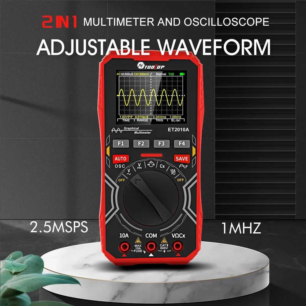 TOOLTOP ET2010A 1MHz Portable Digital Oscilloscope 2.5Msps Auto True RMS Multimeter AC 10A 600V High Voltage Tester