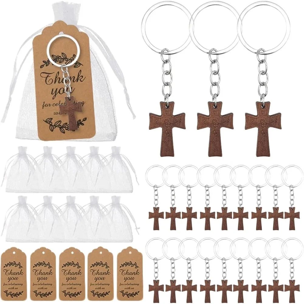 12/24/48 Sets de Llaveros con Cruz, Etiquetas de Agradecimiento y Bolsas de Organza para Bautizo, Primera Comunión, Fiesta, Recuerdos de Boda para Invitados